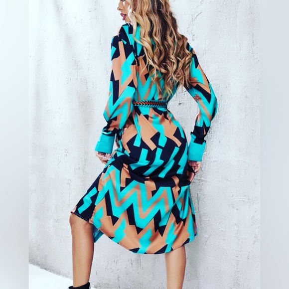 💙 NWT MOD SLINKY RETRO 1960’s STYLE SHIRT MIDI ABSTRACT DRESS LARGE - Picture 3 of 10